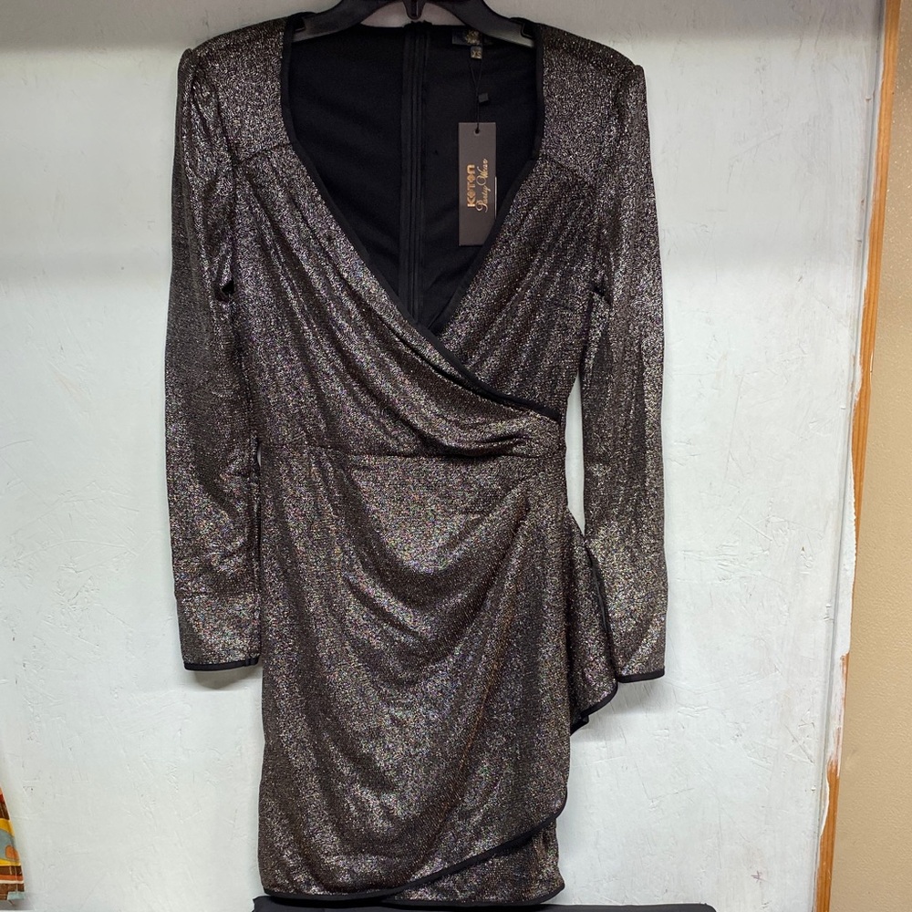 Koton Party Wear Shimmering Black and Gold wrap bodice  Long Sleeve Dress